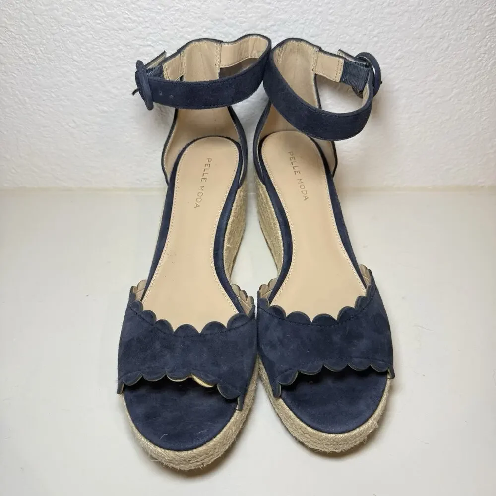 Pelle Moda Womens 9.5M Navy Suede Espadrille Wedge Sandals Scalloped Ankle Strap